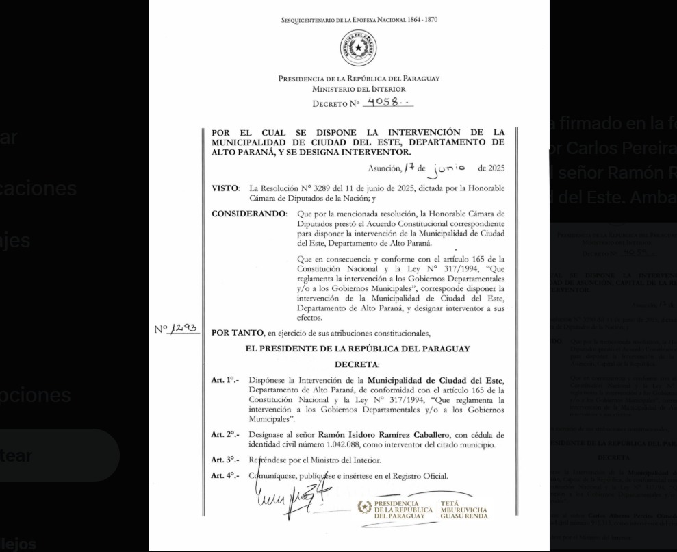 El presidente Santiago Peña designa interventores para las municipalidades de Ciudad del Este y Asunción