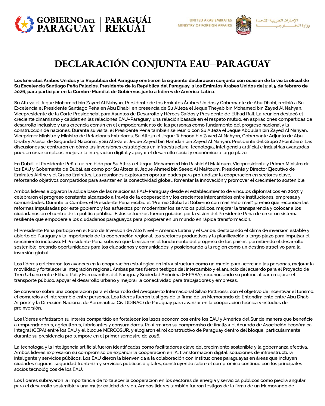 Declaración Conjunta de los Emiratos Árabes Unidos y la República del Paraguay