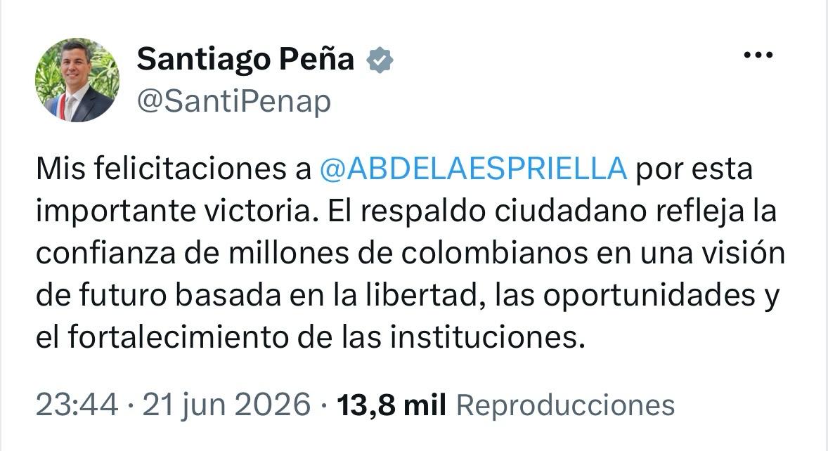 Presidente Peña felicita a Abelardo de la Espriella por su elección como presidente de Colombia Presidente Peña felicita a Abelardo de la Espriella por su elección como presidente de Colombia